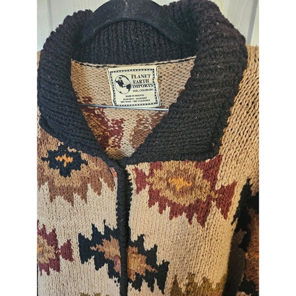 Vintage Aztec print Bolivia hand knitted planet Earth imports wool sweater brown - Picture 4 of 10